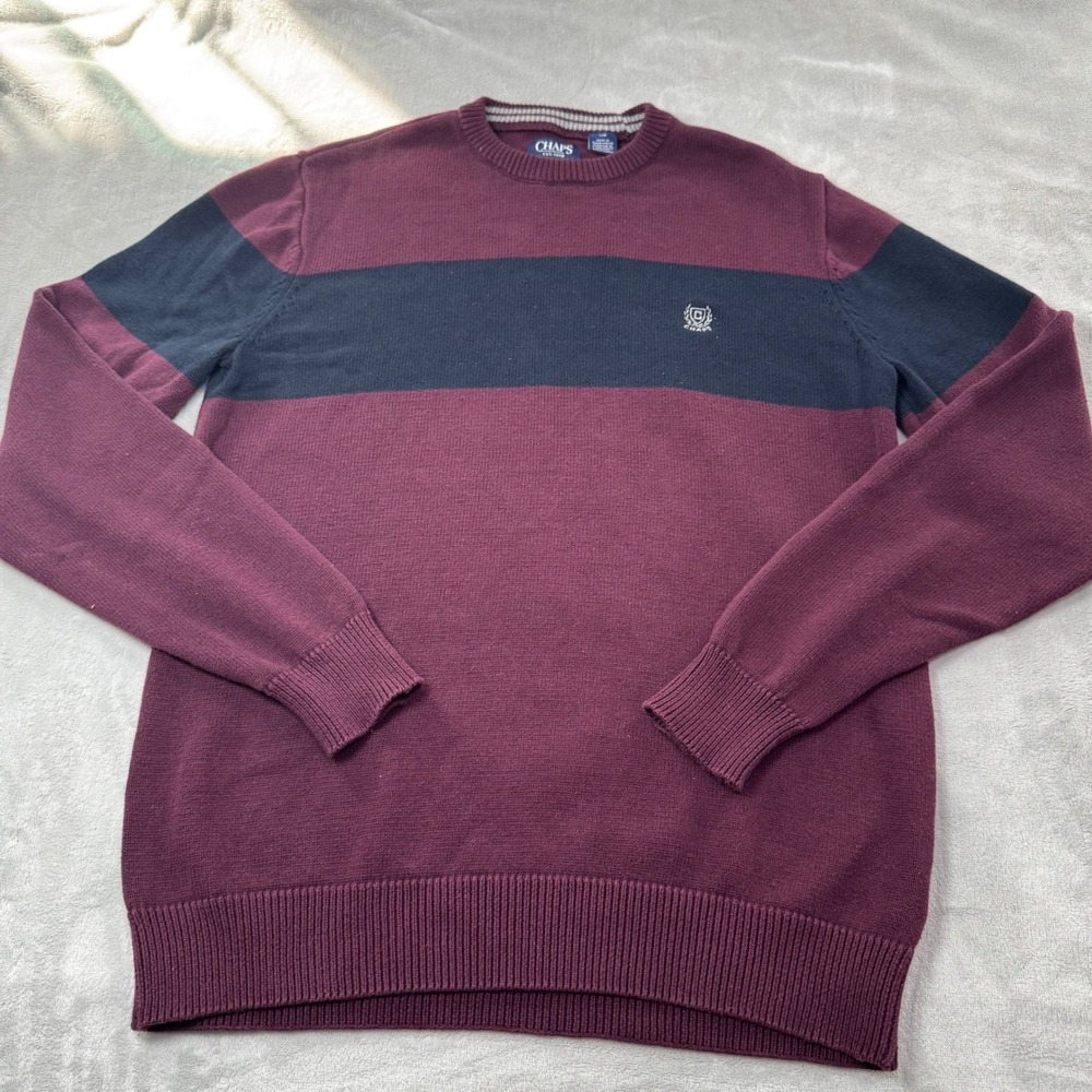 Chaps Men's Burgundy Navy Stripe Crew Neck Pullover Sweater Large 100% Cotton
